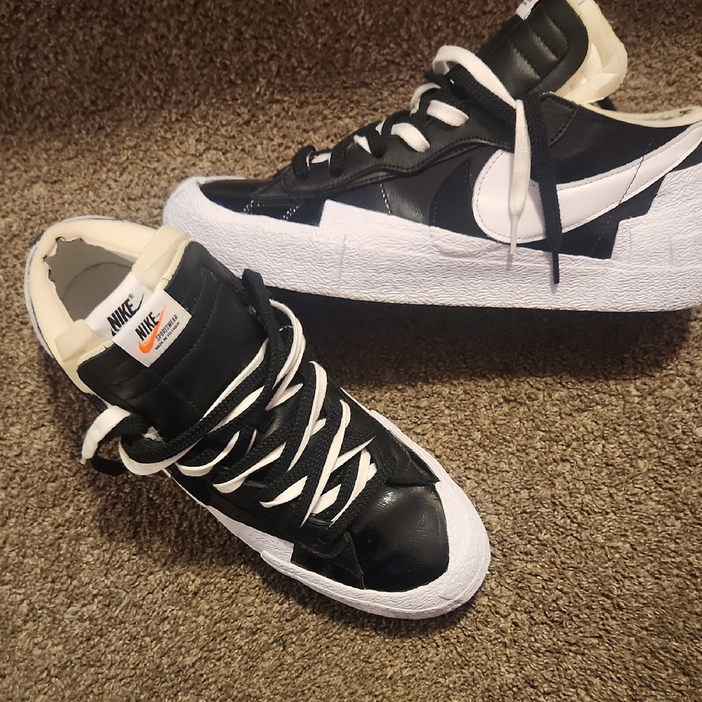 "Nike Blazer Low × Sacai" Black and White Layered Swoosh Sneakers - Picture 9 of 9